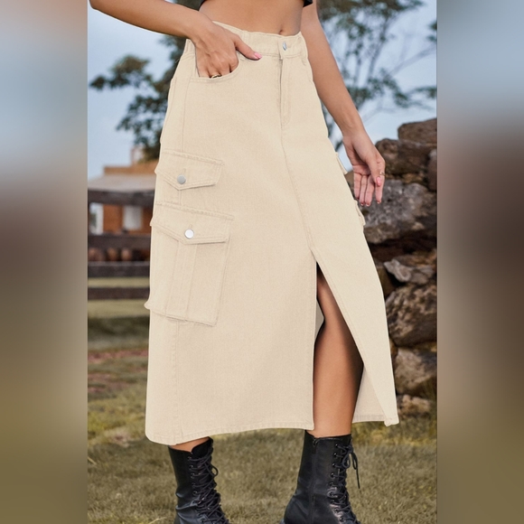 High-Rise Midi Retro 90s Cargo Pocket Elastic Waist Khaki Denim Jean Slit Skirt - Picture 1 of 15